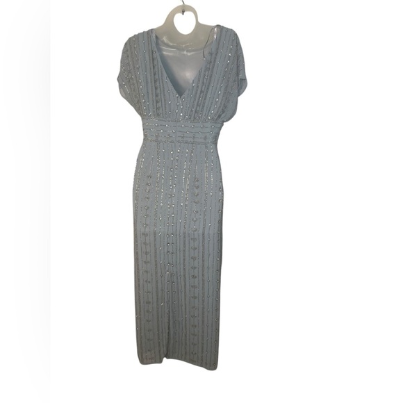 Mac Duggal 93649 Blue Beaded Midi Dress Empire Waist Cap Sleeve Size 2 NWT - Picture 2 of 6